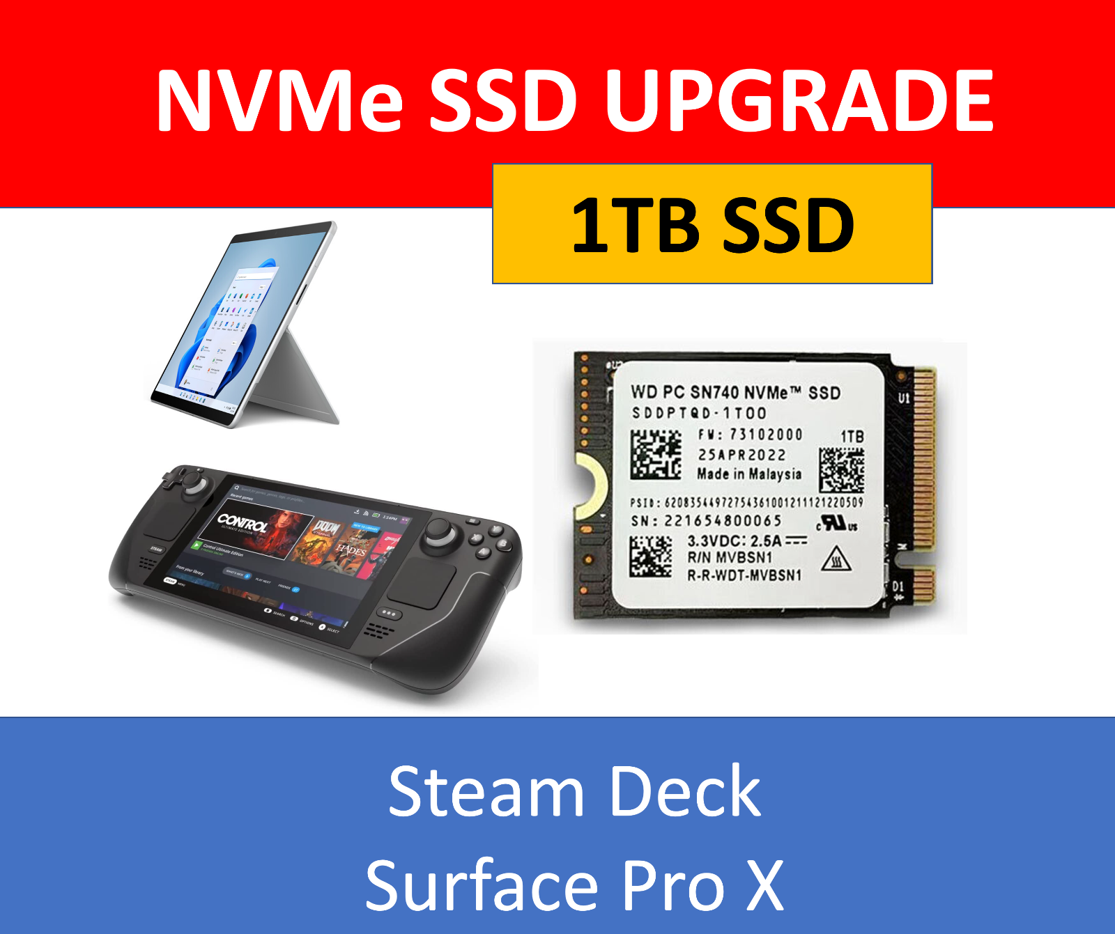 WD 1TB M.2 2230 SSD NVMe PCIe4x4 SN740 For Steam Deck ASUS ROG